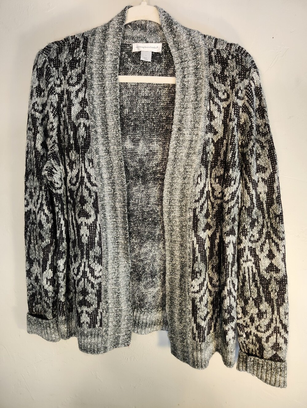 Christopher & Banks Black and Gray Open-Front Patterned Cardigan Cotton Blend